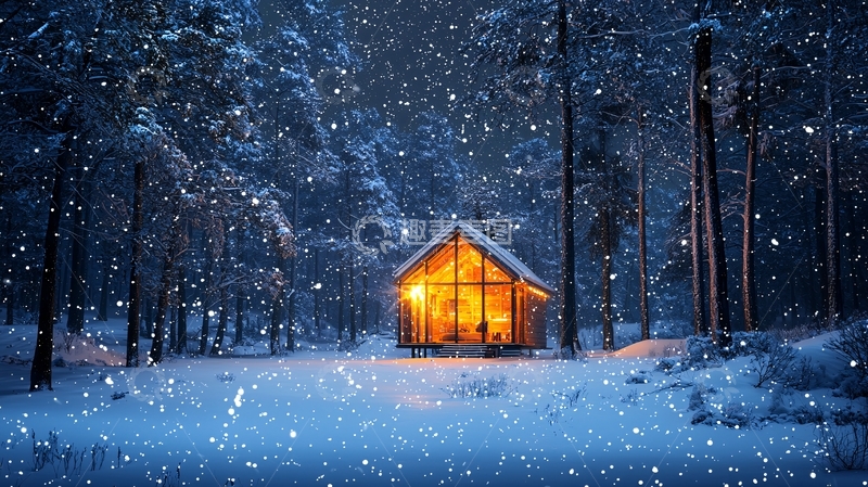 高清大图下载【趣麦麦图】雪夜森林小屋