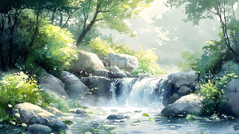 高清大图下载【趣麦麦图】阳光森林小溪瀑布