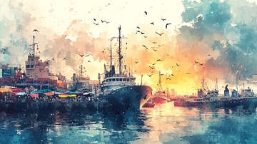 水彩港口日落渔船