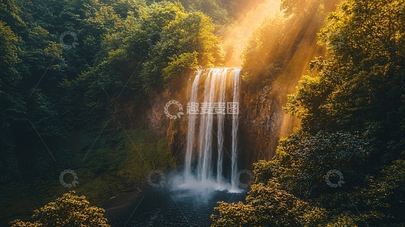 高清大图下载【趣麦麦图】阳光森林瀑布
