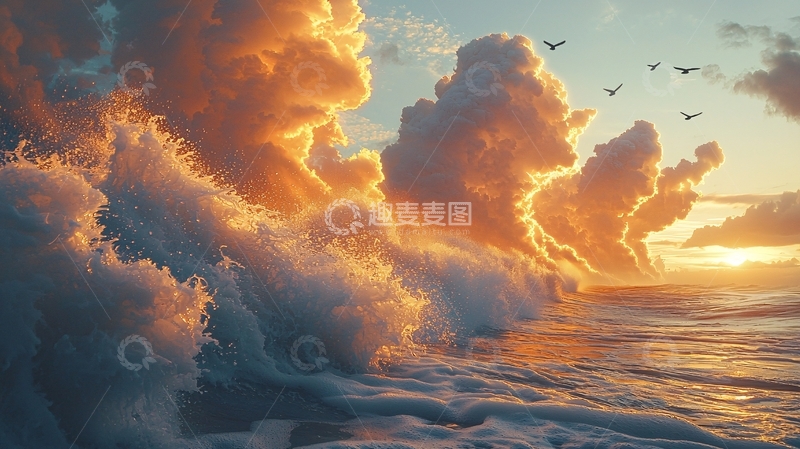 高清大图下载【趣麦麦图】日出海浪云彩壮观景象