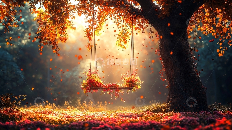 高清大图下载【趣麦麦图】秋日树下秋千