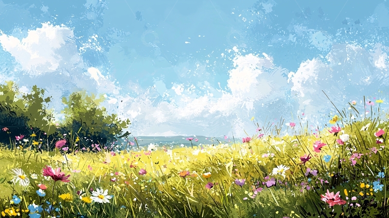 高清大图下载【趣麦麦图】蓝天白云下的野花田