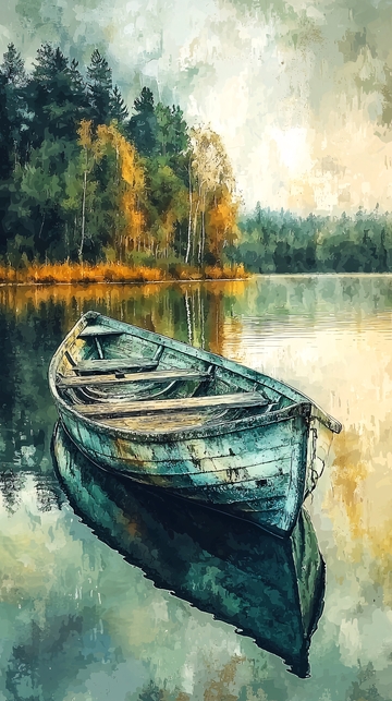 平静湖面上的老船