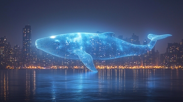 夜空下城市上空的蓝色鲸鱼