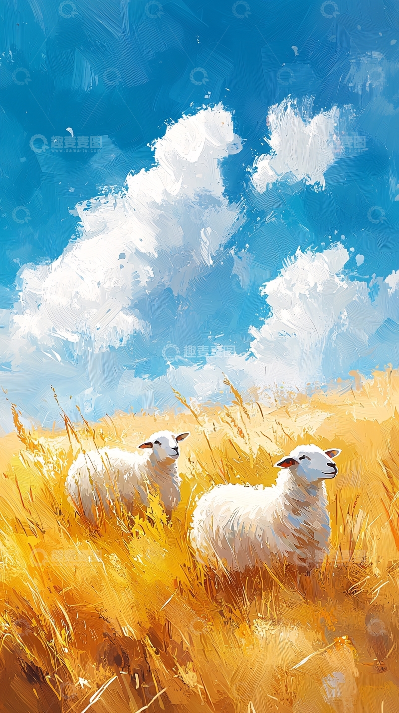 高清大图下载【趣麦麦图】蓝天白云下的两只绵羊