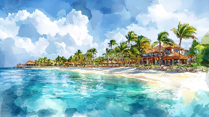 高清大图下载【趣麦麦图】海滩度假村水彩画