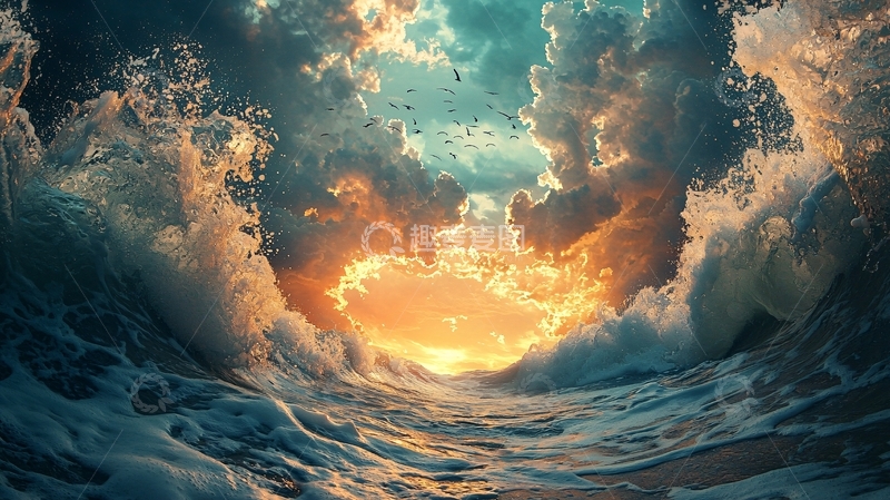 高清大图下载【趣麦麦图】波涛汹涌的海洋日落