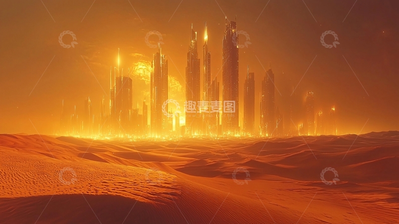 高清大图下载【趣麦麦图】沙漠黄昏都市