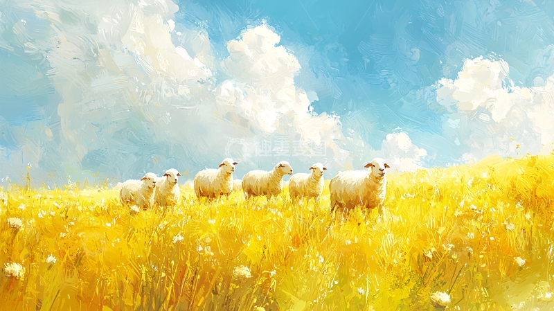 高清大图下载【趣麦麦图】金色的田野里一群绵羊