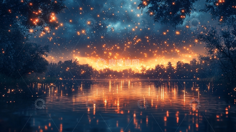 高清大图下载【趣麦麦图】梦幻萤火湖泊夜景