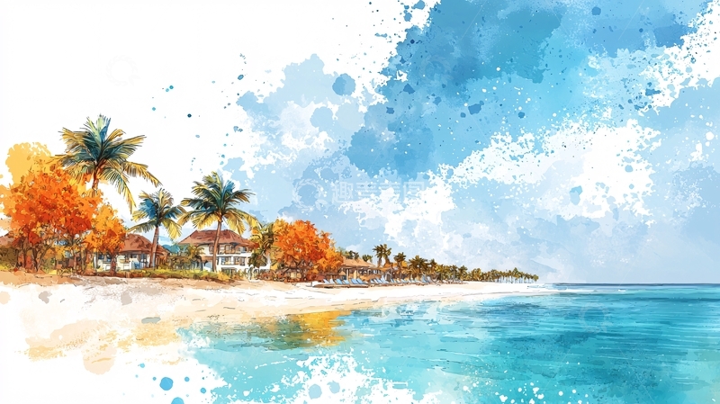 高清大图下载【趣麦麦图】水彩画风格海滩风景