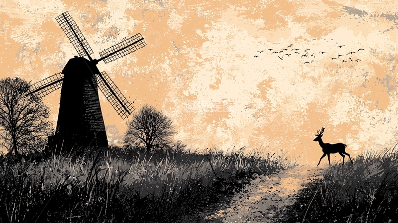 高清大图下载【趣麦麦图】夕阳下风车与鹿的剪影