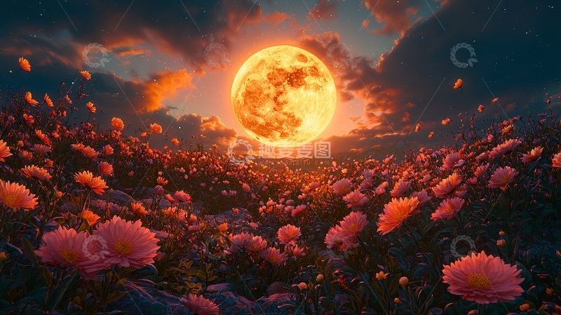 高清大图下载【趣麦麦图】巨型血月下的花海