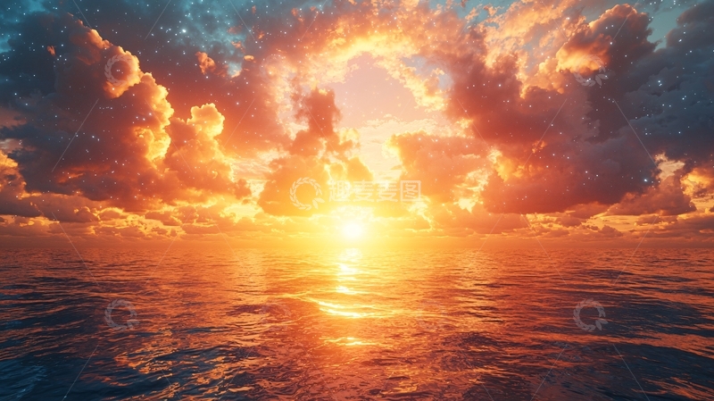 高清大图下载【趣麦麦图】燃烧的云彩海洋日落