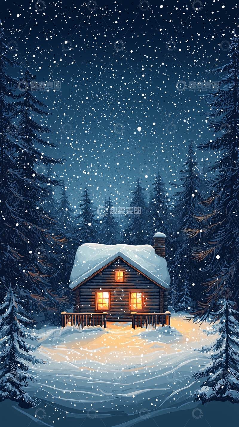 高清大图下载【趣麦麦图】雪夜森林小屋
