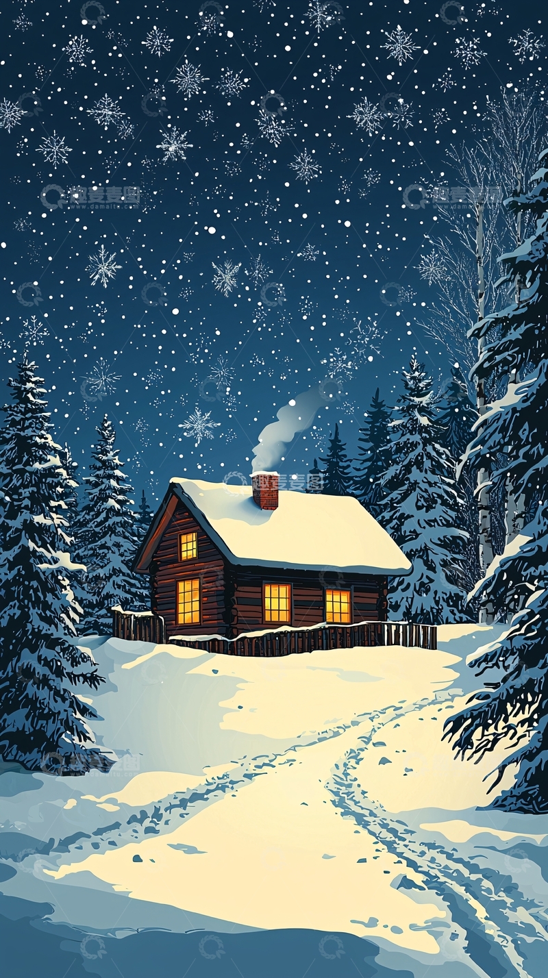 高清大图下载【趣麦麦图】雪夜森林小屋