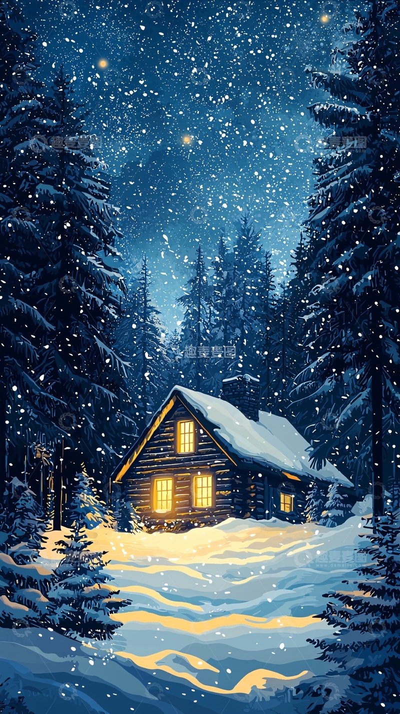高清大图下载【趣麦麦图】冬夜雪景小屋