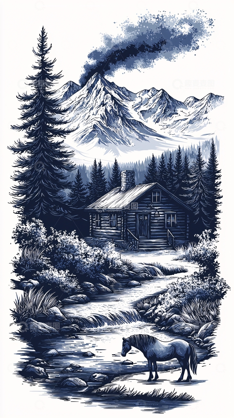 高清大图下载【趣麦麦图】山间木屋蓝调风景画