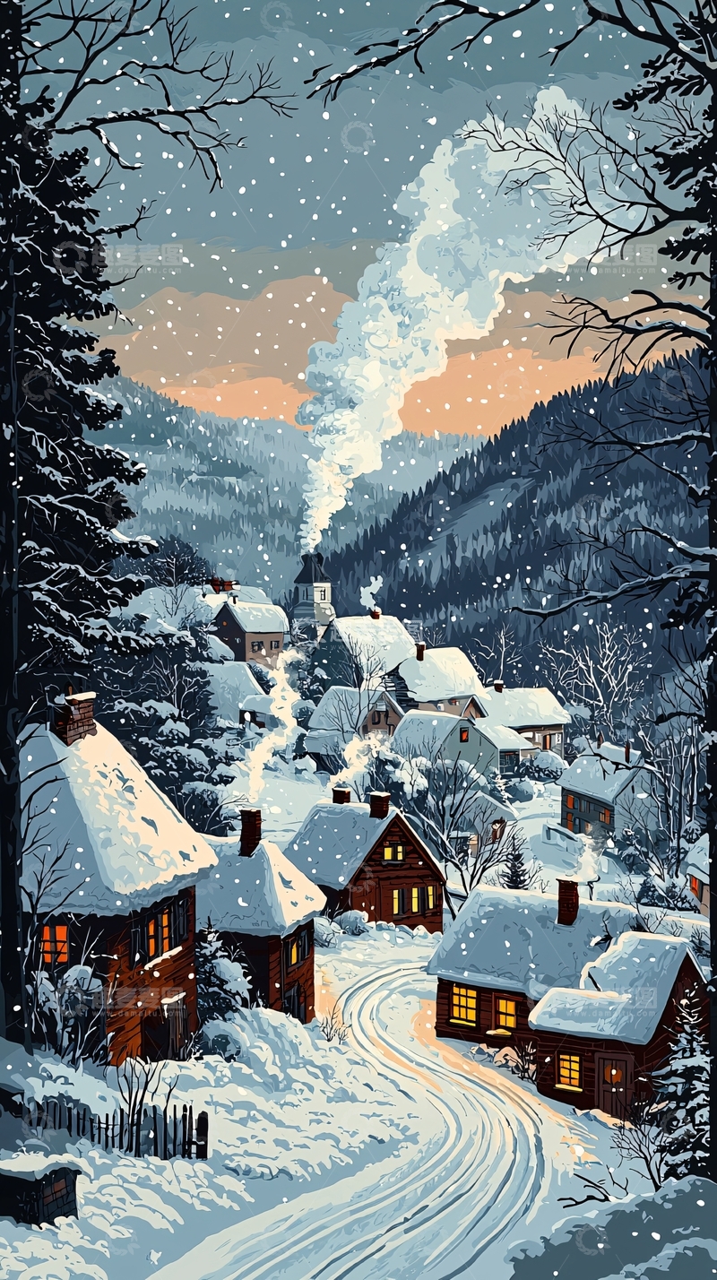 高清大图下载【趣麦麦图】冬日雪景山村小镇