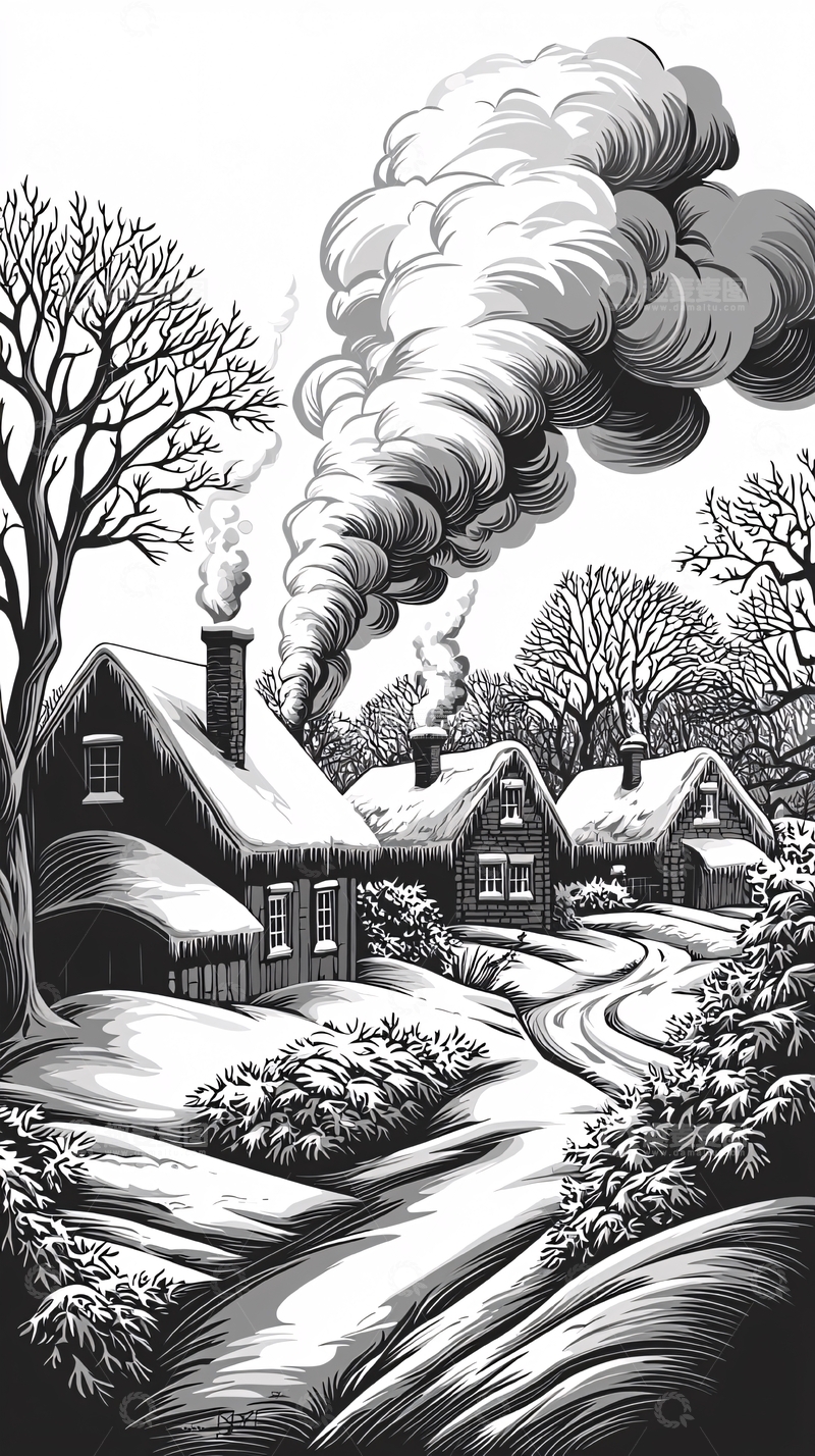 高清大图下载【趣麦麦图】冬季雪景村庄