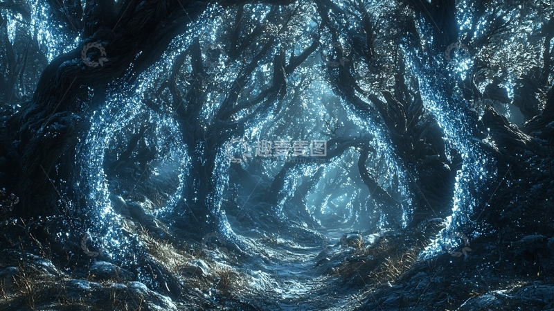 高清大图下载【趣麦麦图】幽蓝发光树林深处