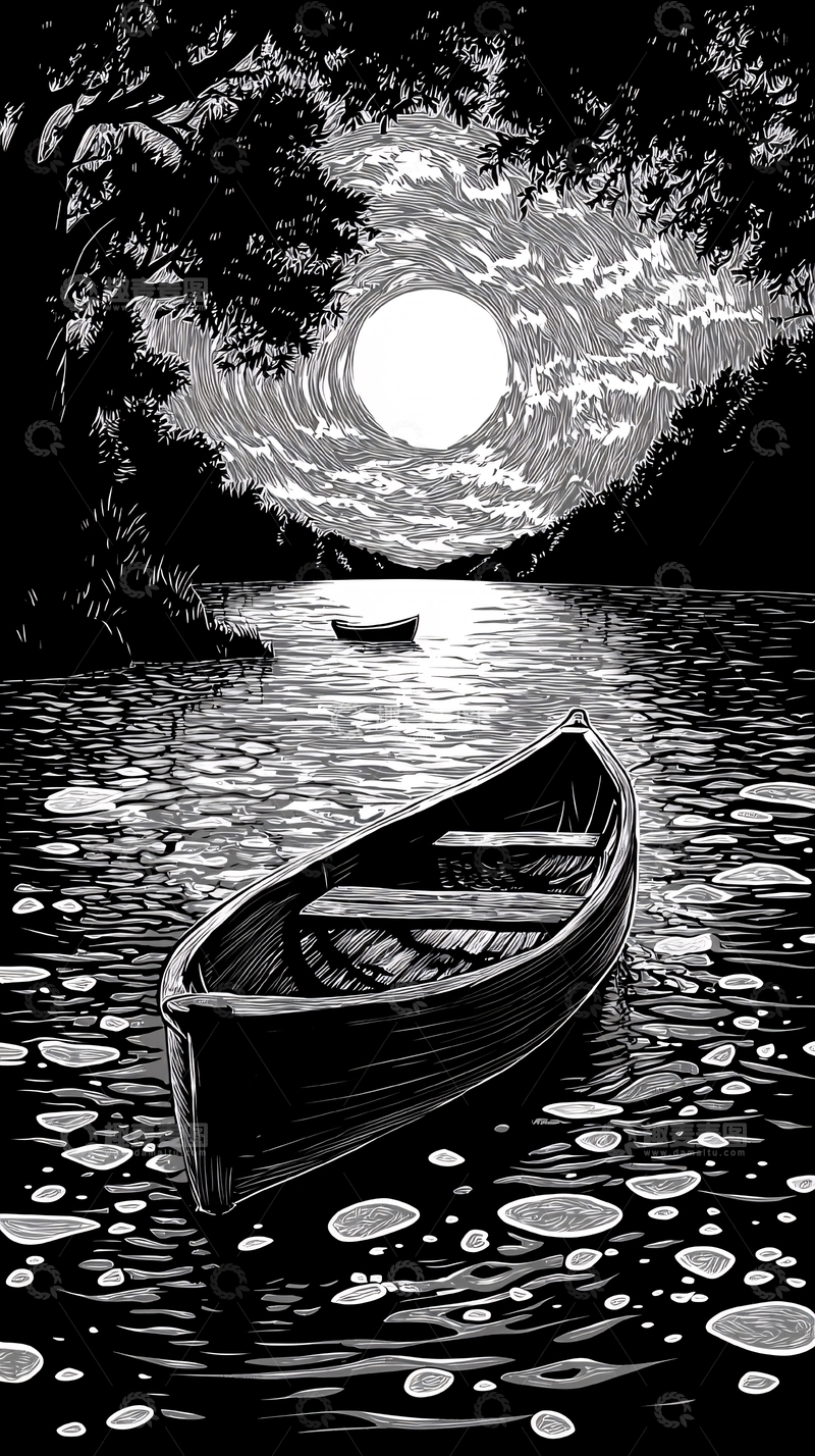 高清大图下载【趣麦麦图】黑夜湖边独木舟