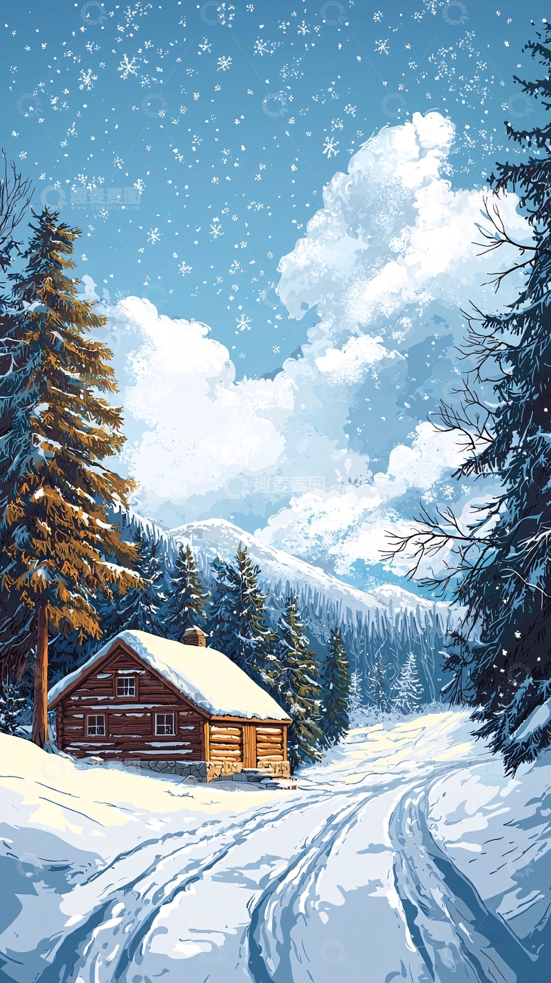 高清大图下载【趣麦麦图】雪中木屋