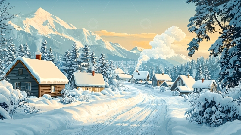 高清大图下载【趣麦麦图】雪山村庄冬季景色