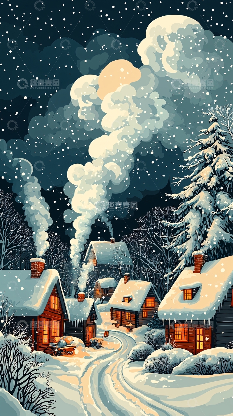 高清大图下载【趣麦麦图】冬夜雪景村庄