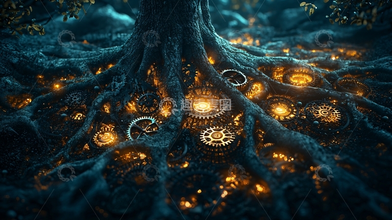 高清大图下载【趣麦麦图】发光齿轮缠绕树根