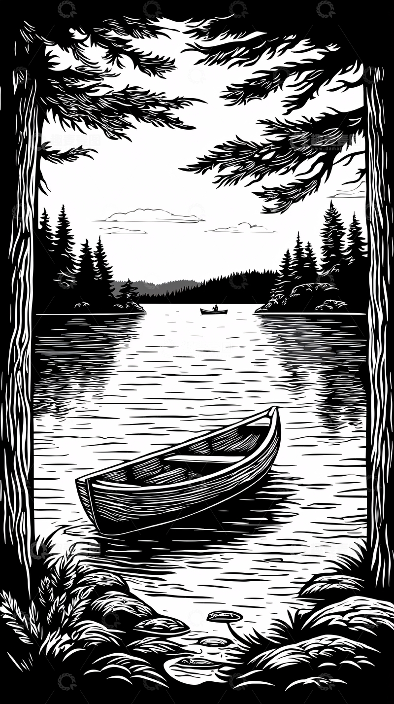 高清大图下载【趣麦麦图】黑白湖边小船风景