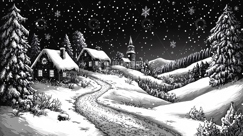 高清大图下载【趣麦麦图】黑白雪景乡村