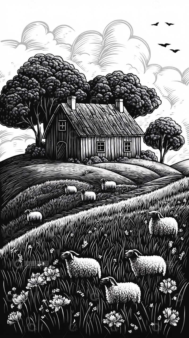 高清大图下载【趣麦麦图】黑白田园风光