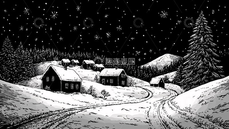 高清大图下载【趣麦麦图】冬季雪夜村庄