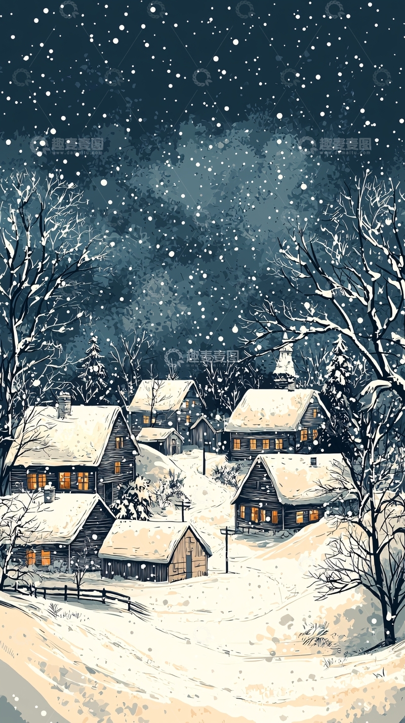 高清大图下载【趣麦麦图】冬夜雪景村庄