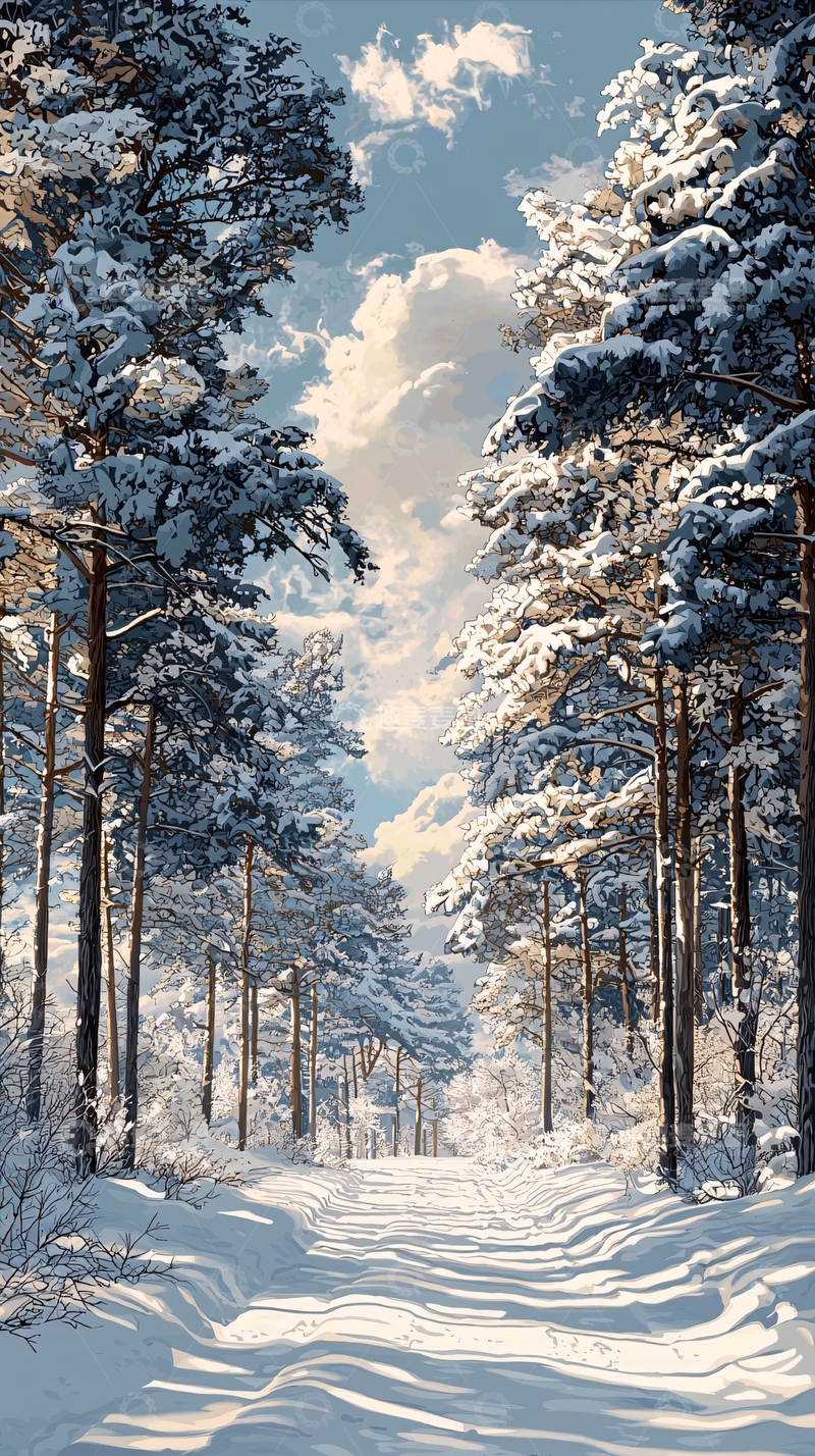 高清大图下载【趣麦麦图】雪地松树林小路