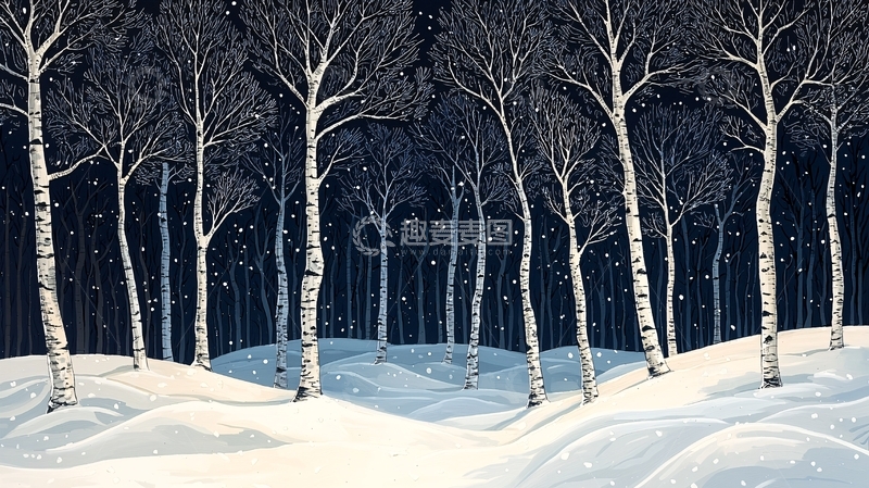 高清大图下载【趣麦麦图】冬夜白桦林雪景
