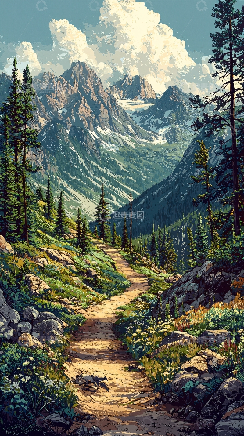 高清大图下载【趣麦麦图】山间小路通向雪山