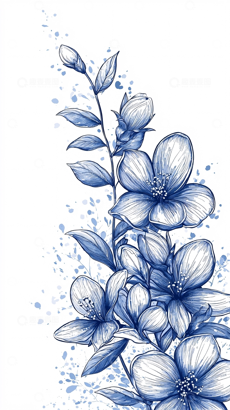 高清大图下载【趣麦麦图】蓝色花卉手绘图