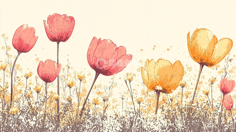 高清大图下载【趣麦麦图】手绘水彩风格郁金香花田