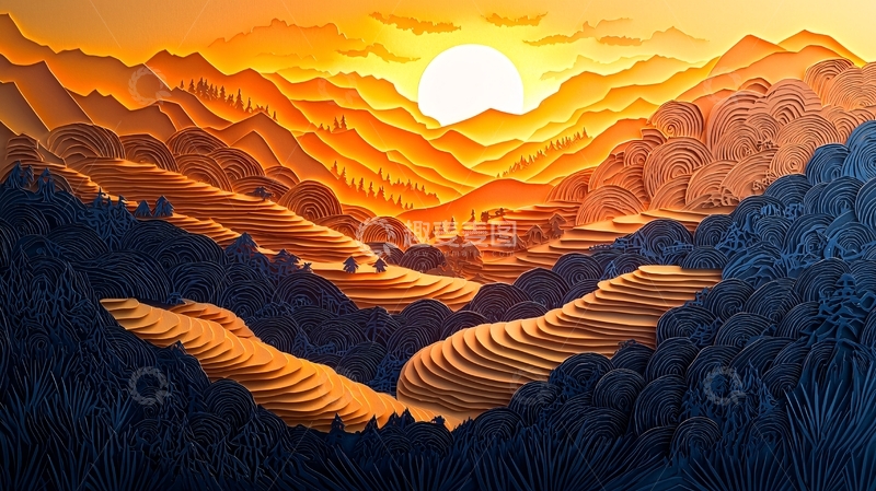 高清大图下载【趣麦麦图】日落山峦梯田剪影