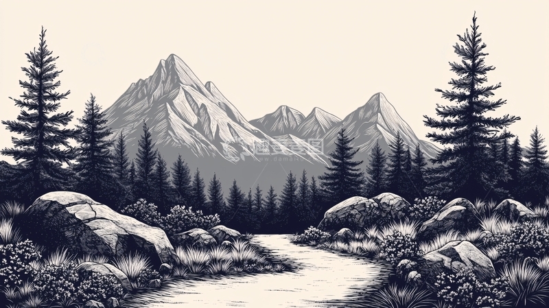 高清大图下载【趣麦麦图】黑白山脉风景画