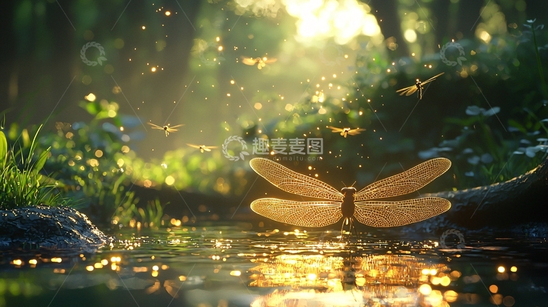 高清大图下载【趣麦麦图】森林小溪蜻蜓夕阳