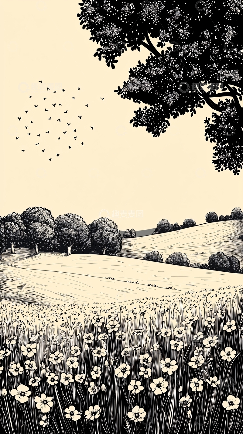 高清大图下载【趣麦麦图】黑白田园风景画