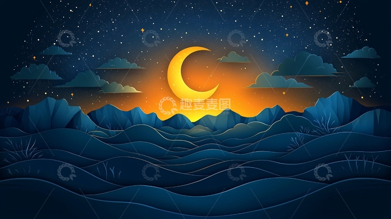 高清大图下载【趣麦麦图】夜空剪纸风格月牙山脉