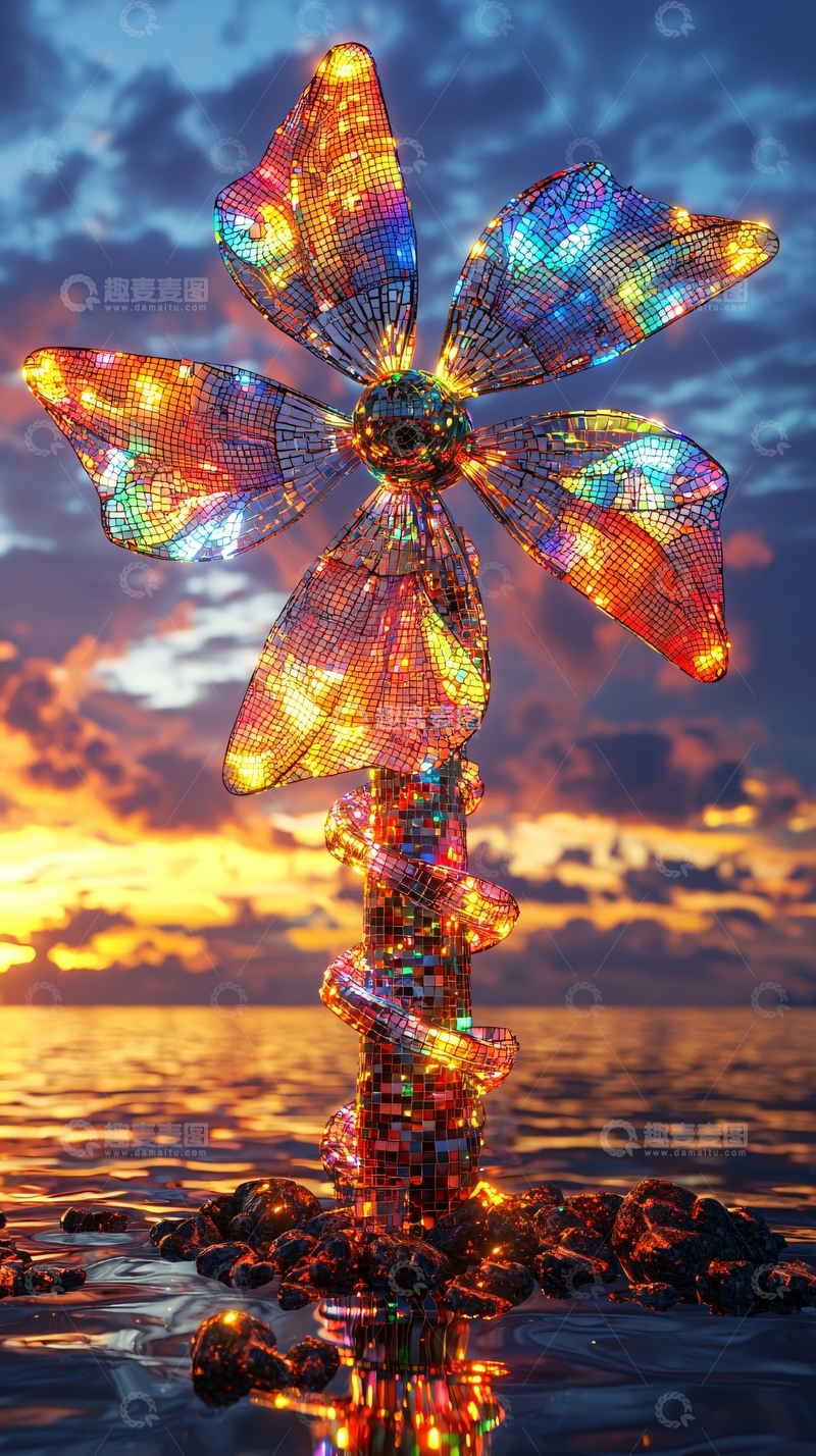 高清大图下载【趣麦麦图】彩灯风车海边日落
