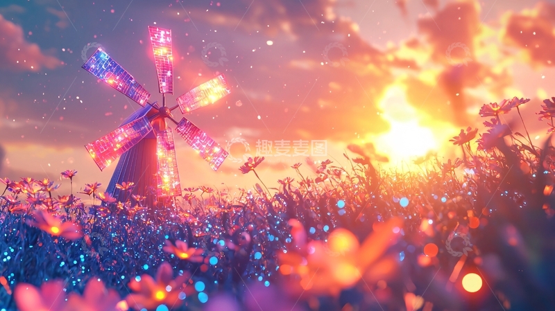 高清大图下载【趣麦麦图】唯美落日风车花田