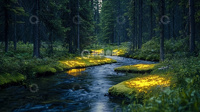 高清大图下载【趣麦麦图】夜晚森林小溪