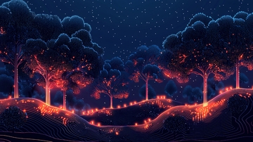 夜空下发光的树林